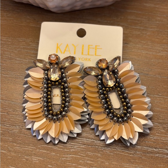 Statement Two Tone Cream and Silver Sequin Oval Earrings, Natural Oversized - Picture 1 of 2